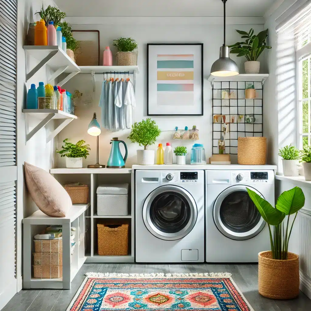 Immaculate laundry room with bright lights, organized shelves, and modern appliances.