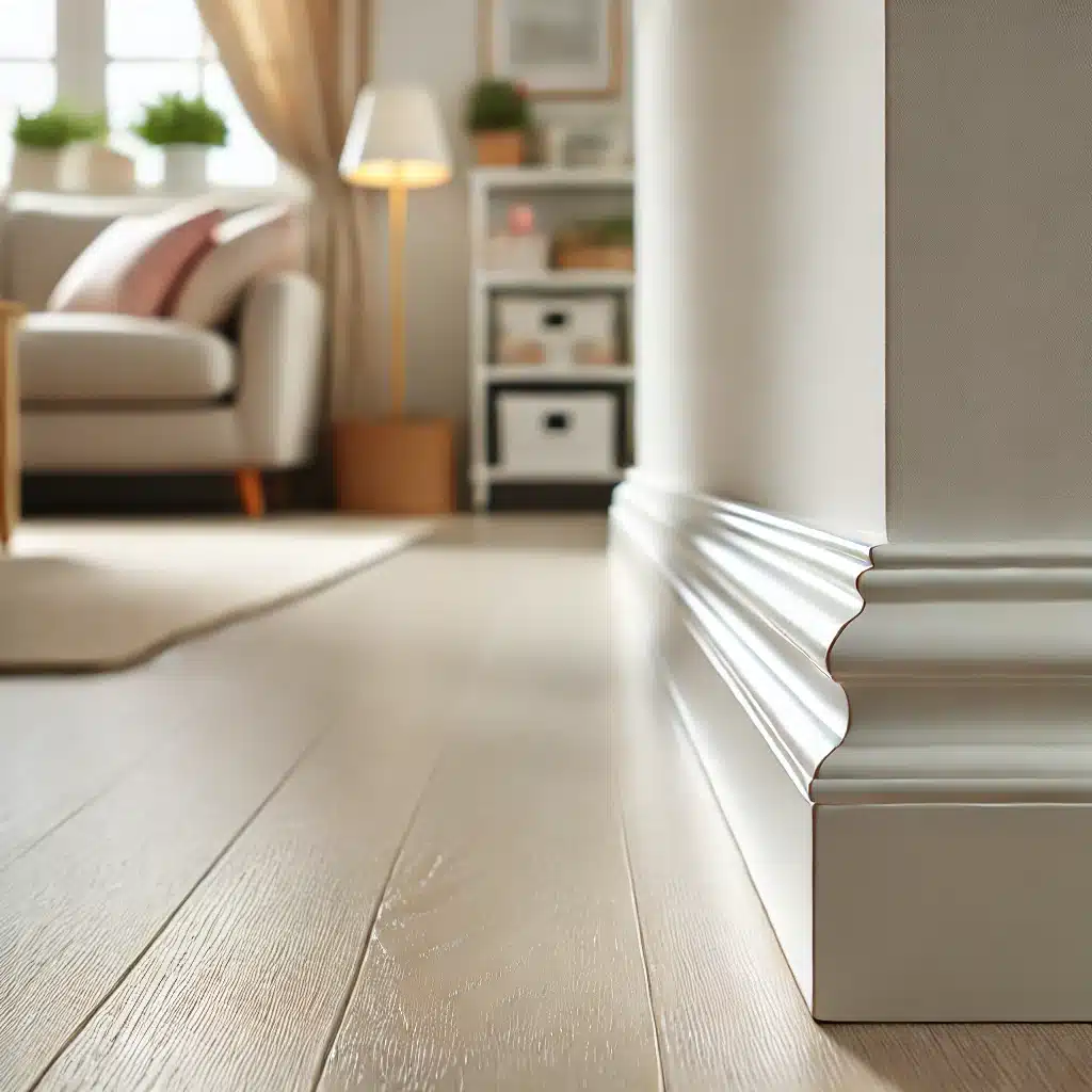 Spotless white baseboard and clean floor in a well-lit room.
