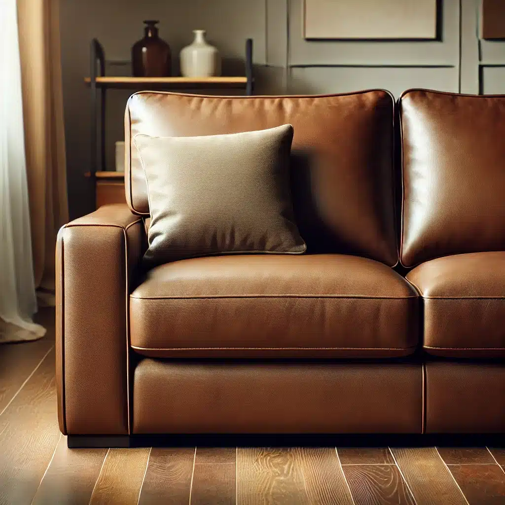 Spotless brown leather couch with cushions in a polished living room setting.
