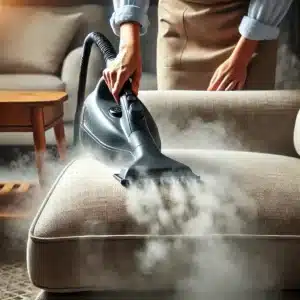 Hand steam cleaning a fabric sofa with visible steam emission.