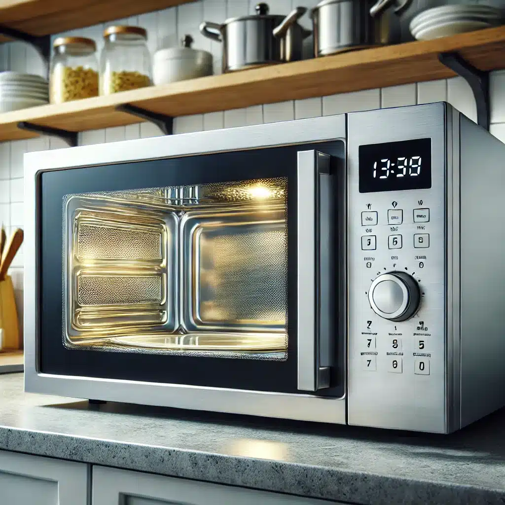 Immaculate stainless steel microwave interior with door open and bright light.