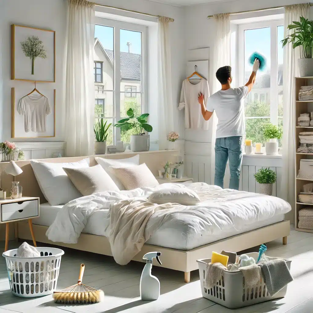 Bedroom Cleaning with brush, microfiber cleaning and others cleaning tools