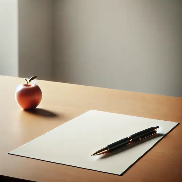 Blank paper and pen with apple at side