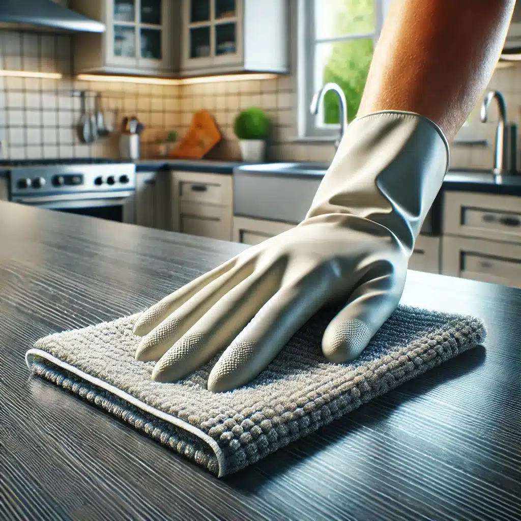 Cleaning countertop from germs with microfiber cloths wearing gloves