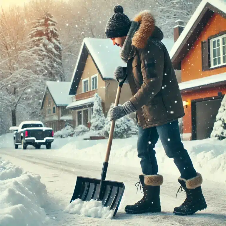 Cleaning snow with a snow shovel