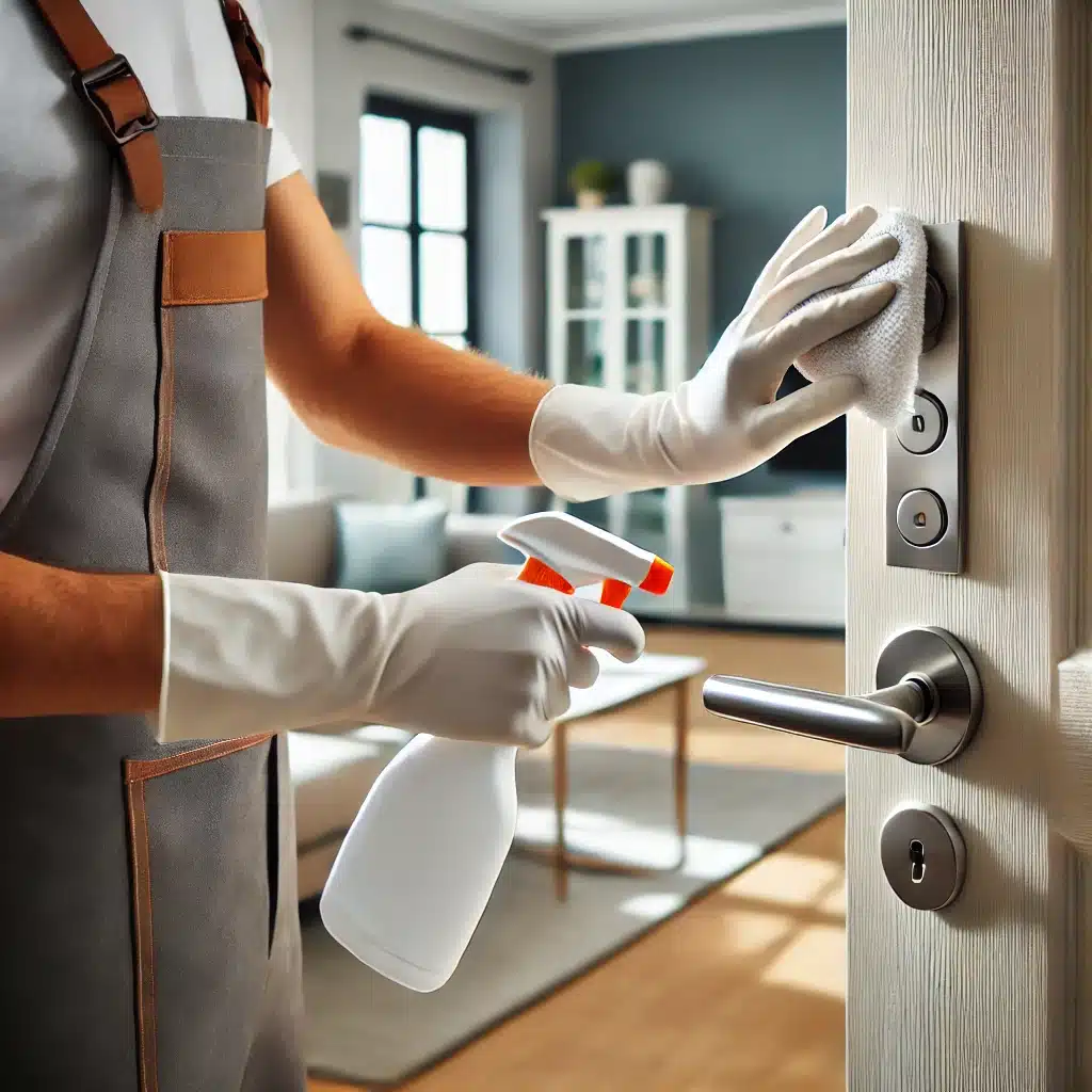 High-traffic area on doorknob being cleaned