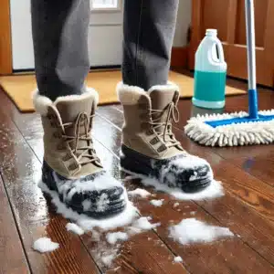Salt stains on floor causer by someone bringing snow inside house, cleaning solutions for winter