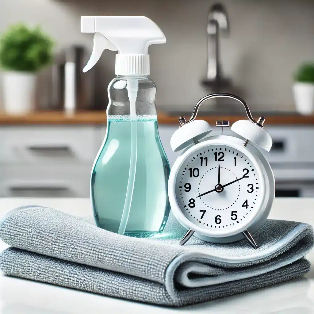 microfiber cloth, cleaning spray and a timer