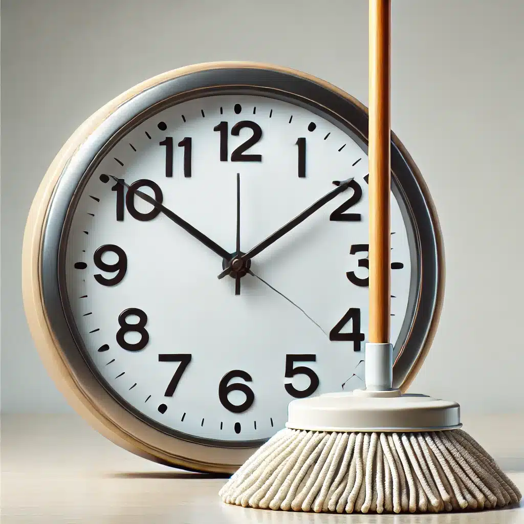 mop standing and a clock at his side