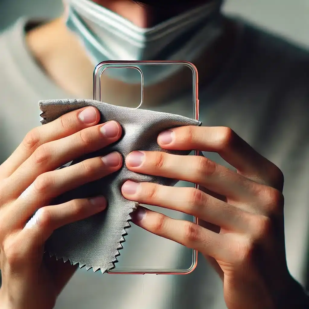 person cleaning a plastic electronic device with a microfiber cloth. Clean Plastic Electronic