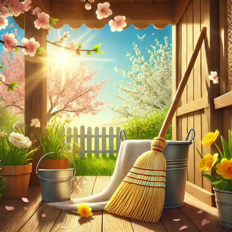 A cheerful spring scene featuring a broom leaning against a bucket with a cloth draped over it. The setting is an outdoor porch with warm sunlight, su