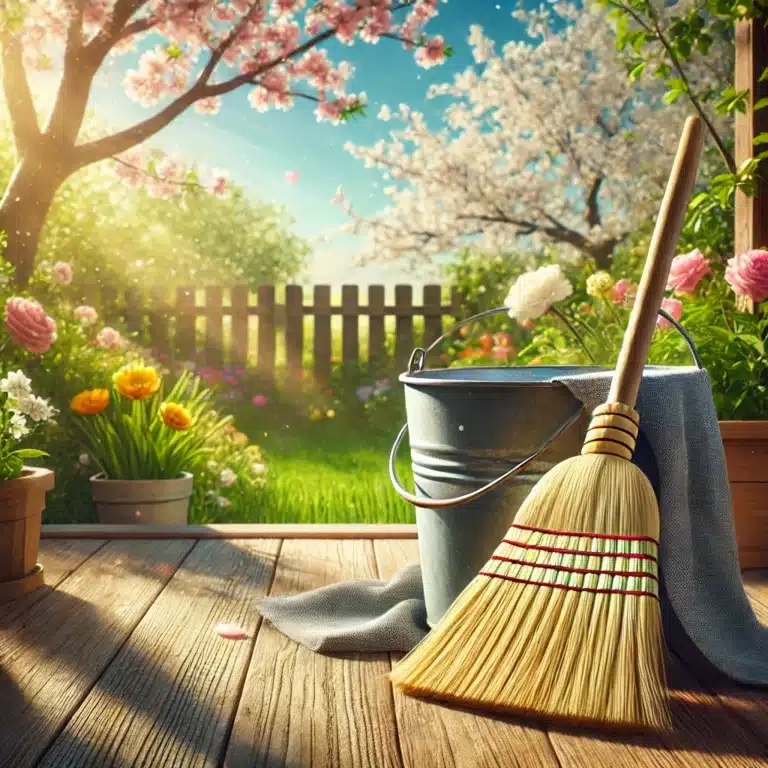 A clean and bright spring scene featuring a broom standing upright next to a bucket with a cloth draped over it. The background showcases a garden wit