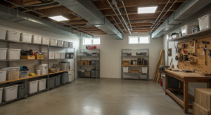 A clean basement with a loot of shelves and tools