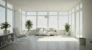 A clean white sunroom with some plants, good Ventilation 