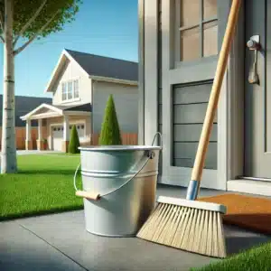 A cleaning setup featuring a blue bucket with a microfiber cloth