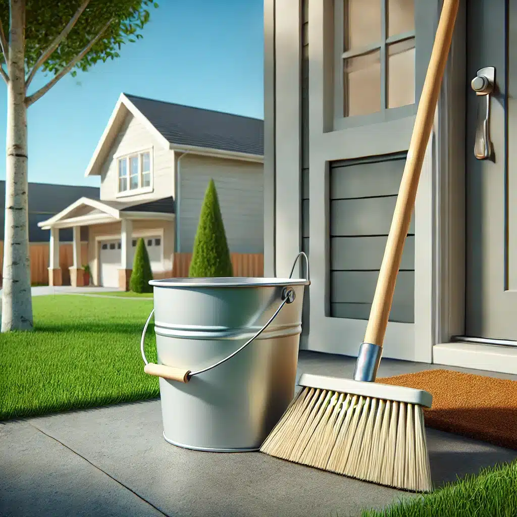 A cleaning setup featuring a blue bucket with a microfiber cloth