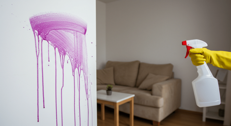 Apartment cleaning mistake, cleaning purple paint spraying a cleaner
