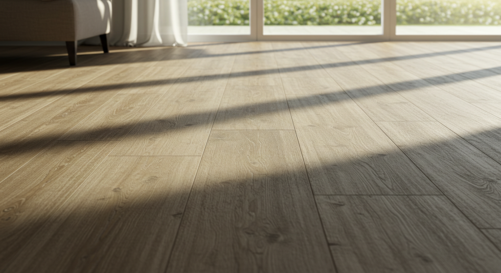 Clean faux wood floor with a couch