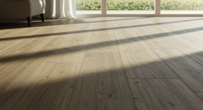 Clean faux wood floor with a couch