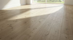 Clean faux wood floor with some plants at the background