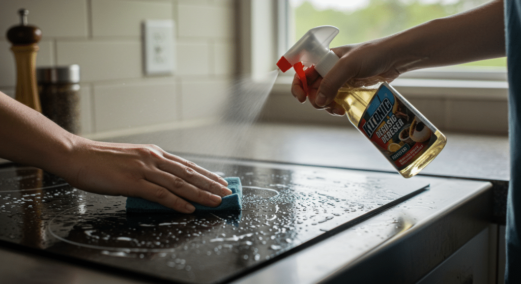2 people using a kitchen degreaser to clean