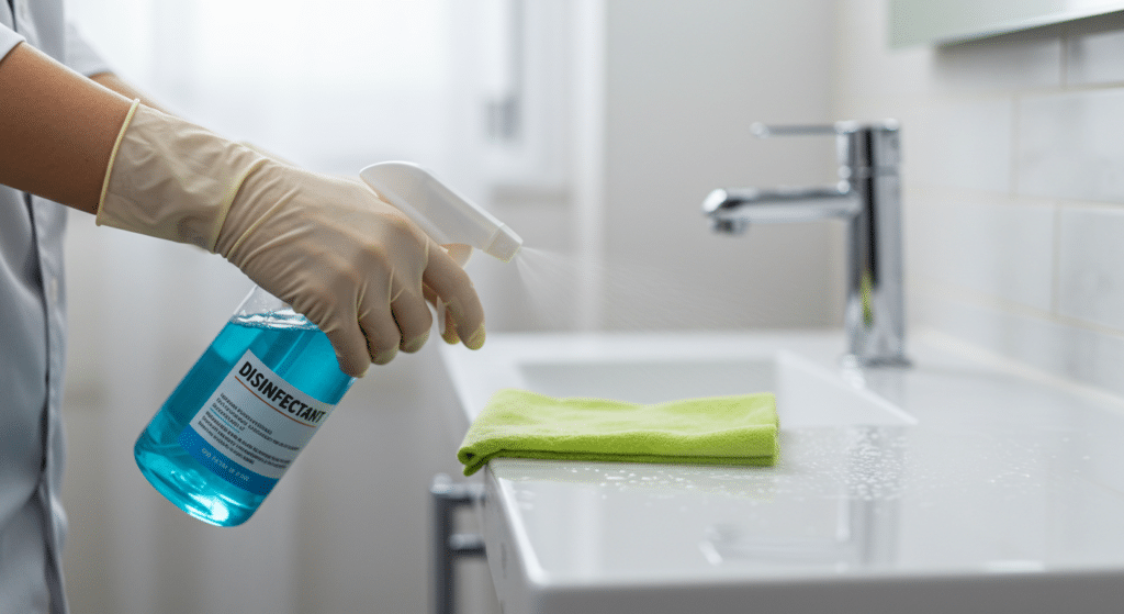 Blue disinfectant inside a bottle while some using it to clean