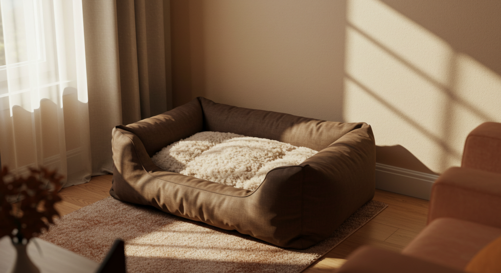 Brown dog bed inside a house