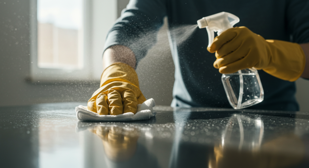 Cleaning with alcohol at home, spray bottle and cleaning gloves
