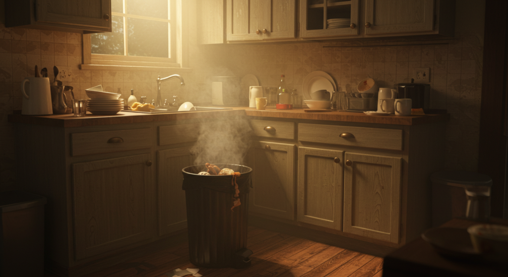 Desorganized kitchen smelling bad