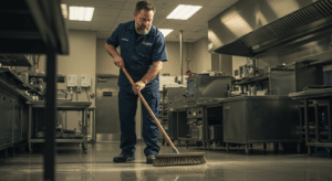 Middle aged man work as a professional cleaner while brooming
