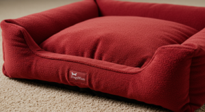 Red dog bed on the carpet
