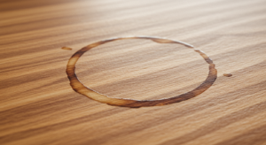 Ring mark of coffee in wood, ready to Cleaning with Chalk