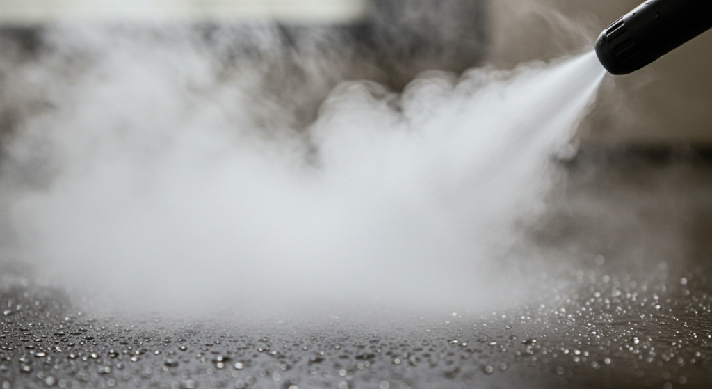 Steam cleaning, a zoom focusing on the steam