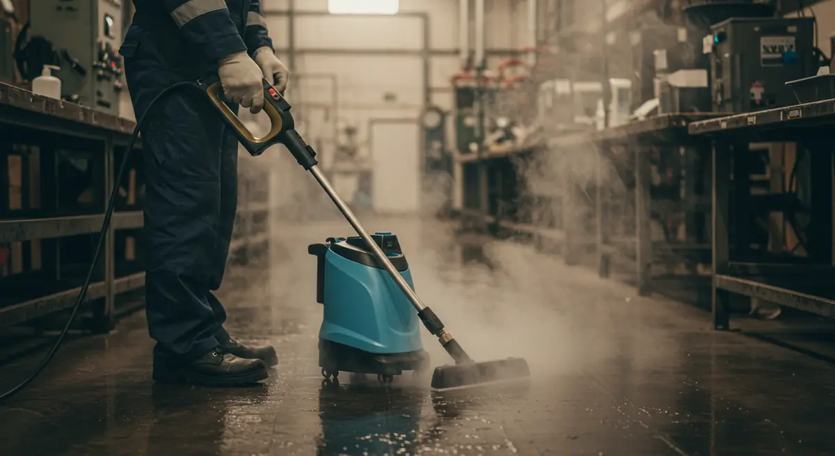 Steam cleaning the floor of a workplace