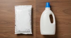 Washing Powder and Liquid detergent in a half splited image
