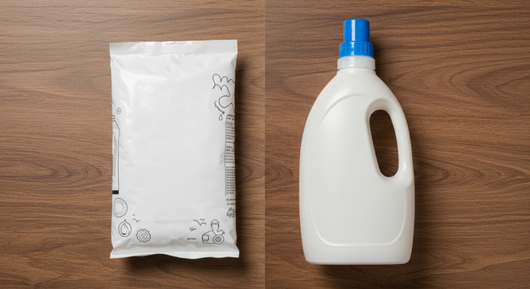 Washing Powder and Liquid detergent in a half splited image