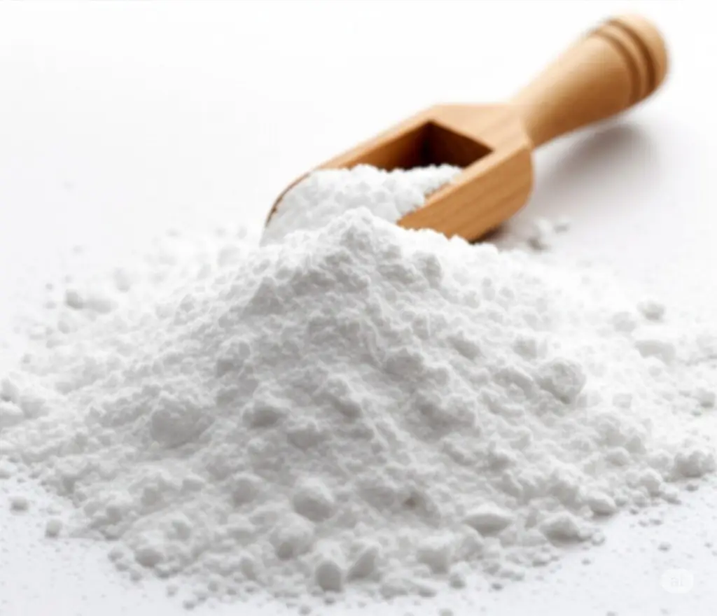 Wooden scoop resting in a heap of white baking soda