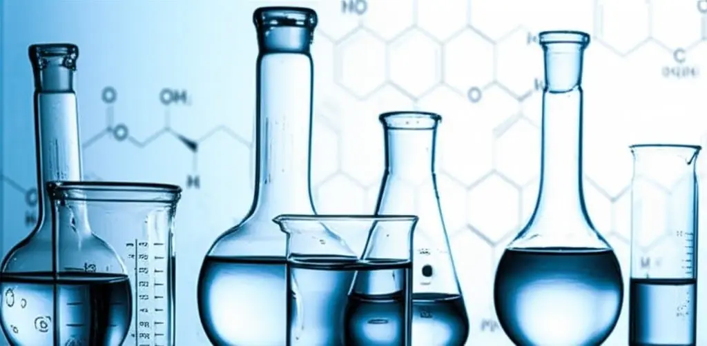 Laboratory flasks and beakers of clear liquid with chemical structure drawings