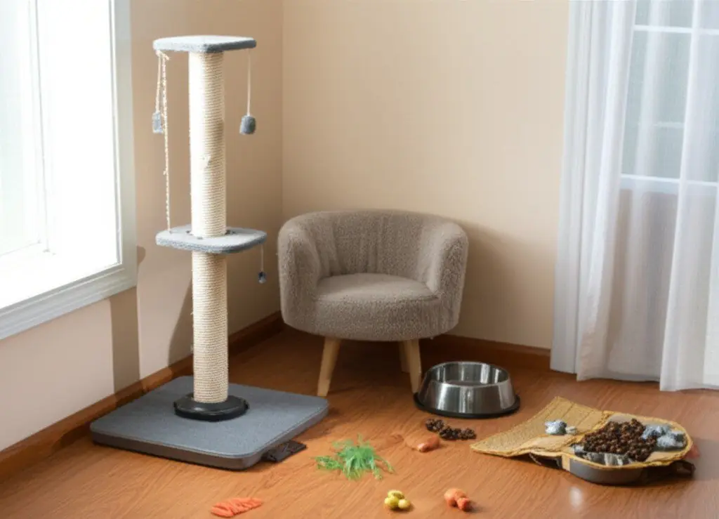 Cat scratching post, small armchair and food bowls with scattered kibble on the floor