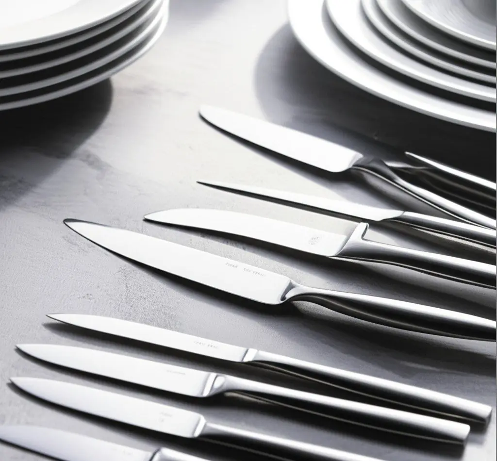 Row of stainless steel kitchen knives laid out beside stacked white plates