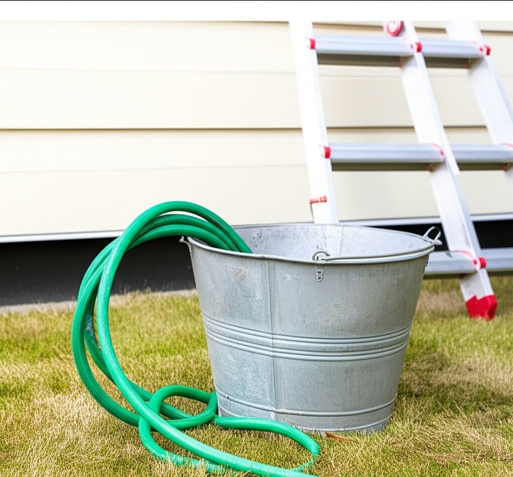 a bucket and a hose