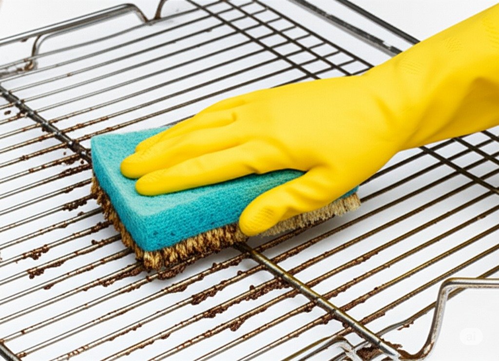 a hand cleaning the dirty grates of an oven