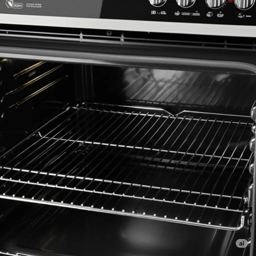 Clean, empty oven interior with two wire racks and the door open