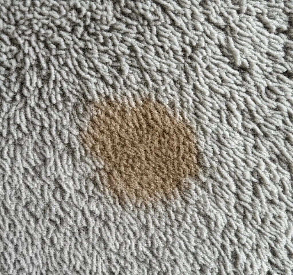 Brown spill stain soaking into a grey shag carpet