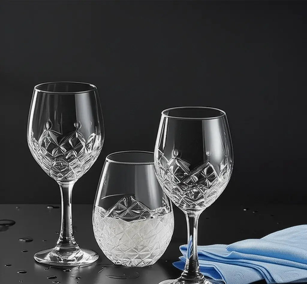 Crystal wine glasses and a tumbler on a dark counter with a blue cloth