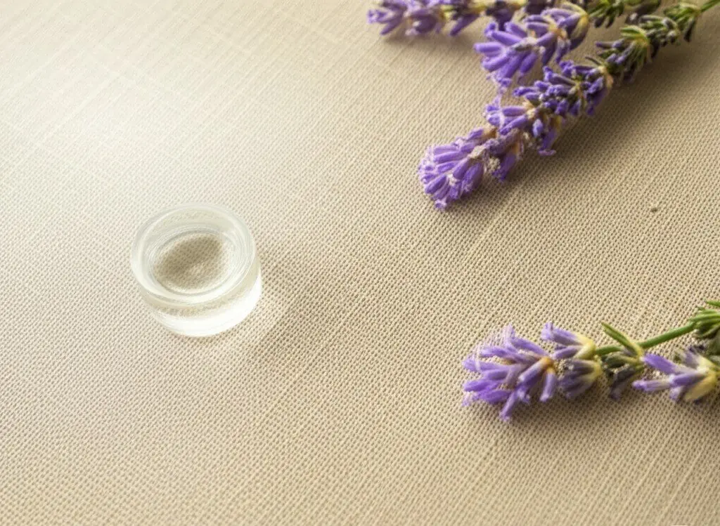 Sprigs of lavender and a small glass dish on a linen tablecloth