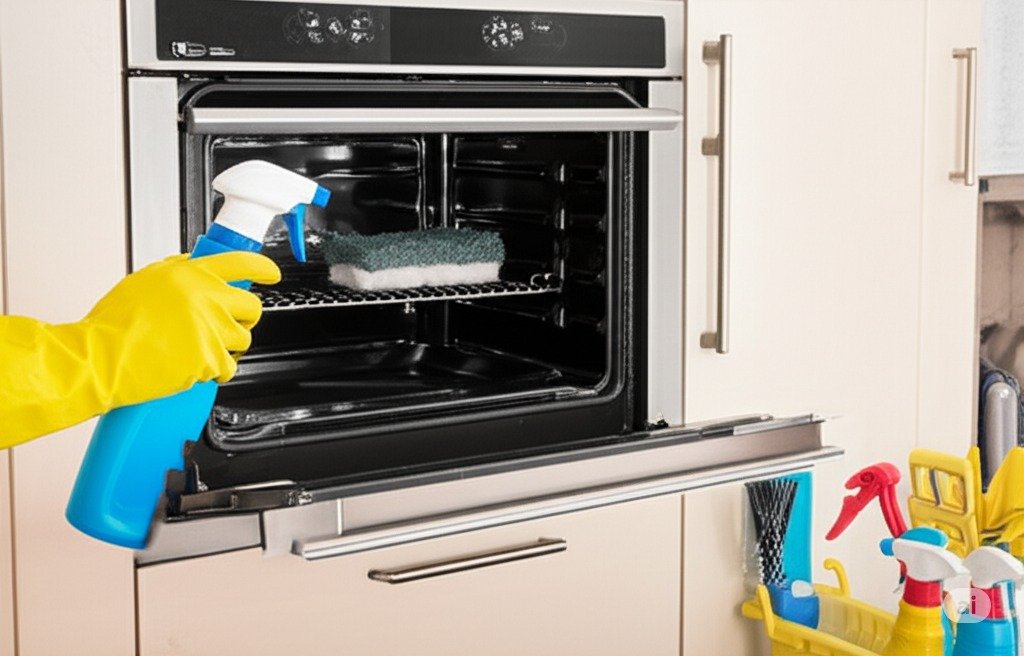 preparing an oven with cleaning products to clean