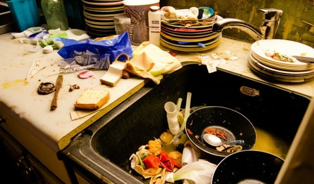 Messy kitchen sink and counter piled with dirty dishes and food scraps