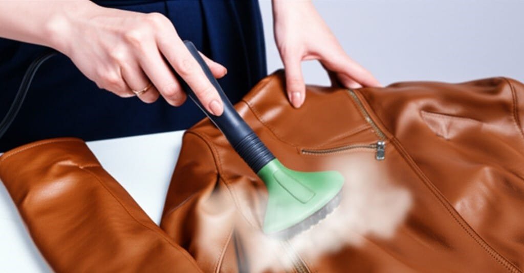 woman cleaning a leather jacket with steam cleaning