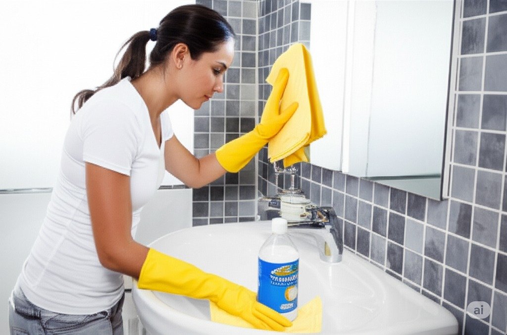 woman cleaning the bathroom with vinegar